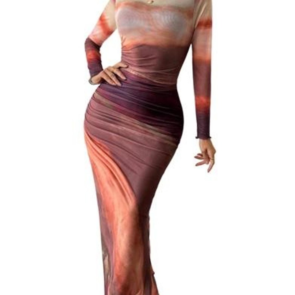 LUXURY Women Long Sleeve Maxi Dress Bodycon Ruched Formal Slim Tie Dye Dress